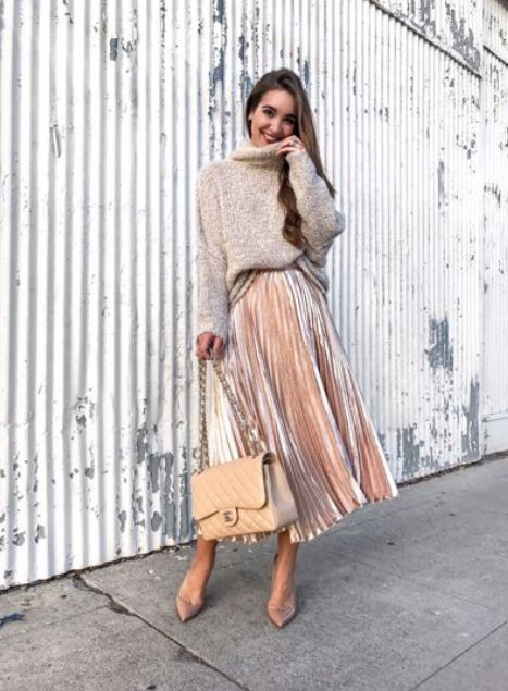 Outfit with Blush Pleated Midi Skirt and Oversized Cozy Sweater