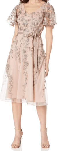 Petite Cream and Blush Pink Mother of the Bride Tea Length Dress with Sleeves and A-Line Cut