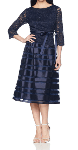 Petite Navy A-Line Tea-Length Mother of the Bride Navy Dress with Belt and Lace Bodice