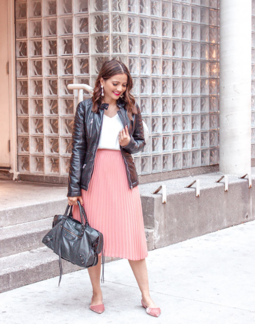 Pink Pleated Midi Skirt Outfit with Black Leather Jacket