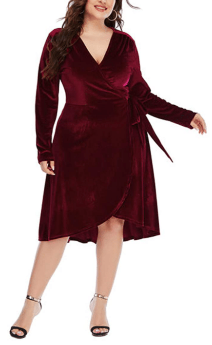 Plus Size Knee Length Red Velvet and Burgundy Christmas Dress