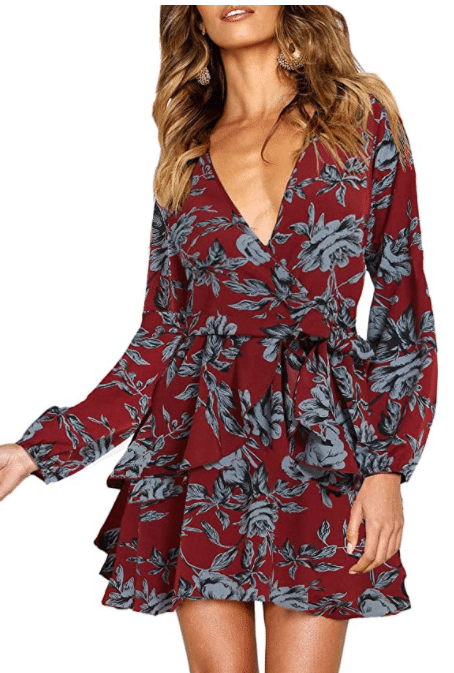 Red Floral Burgundy and Red Wine Wrap Dress