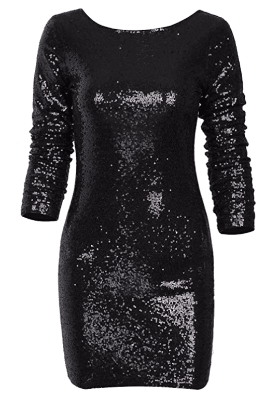 Short Black Sparkly Sequin Dress with Long Sleeves