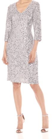 Silver Sequin Petite Mother of the Bride Dress with Long Sleeves