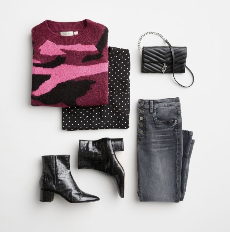 Stitch Fix Winter 2021 Fashion Outfit with Red and Pink Sweater and Snakeskin Boots