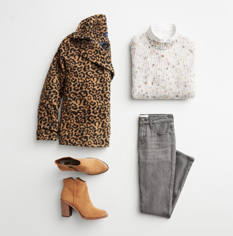 Stitch Fix winter outfit with leopard jacket, white sweater, and booties