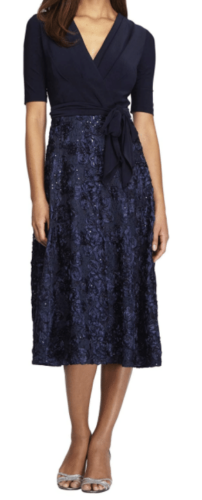 Petite Navy Mother of the Bride A-Line Dress with Sequin Top and V-Neck