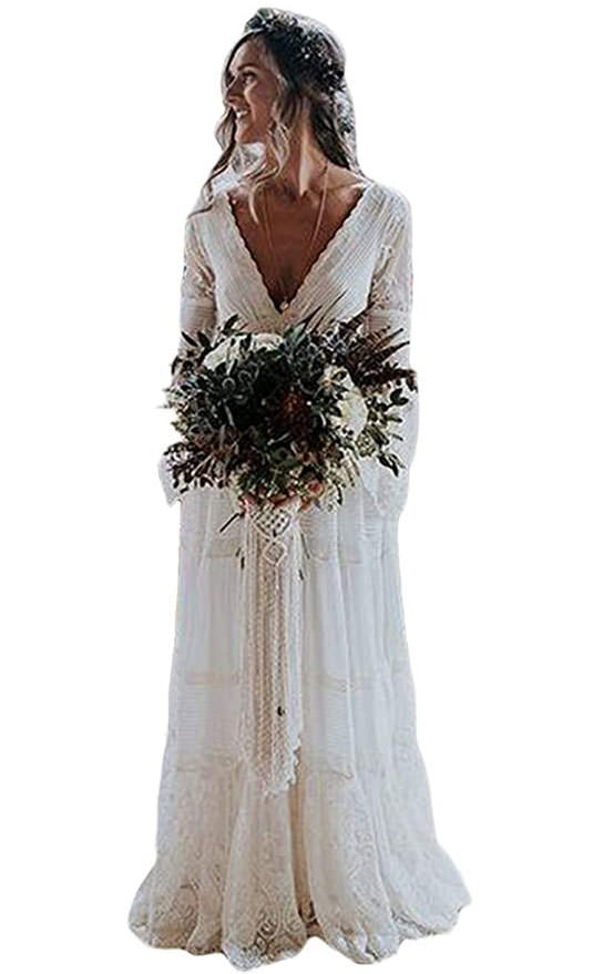Tsbridal Deep V neck lace boho long sleeved wedding dress