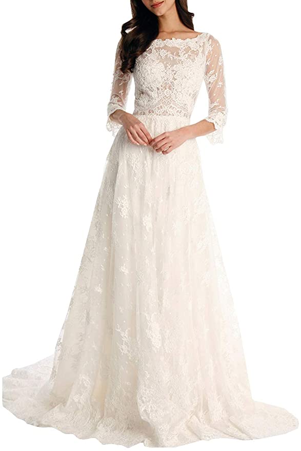 Tsbridal lace boho gown with 3/4 illusion sleeves