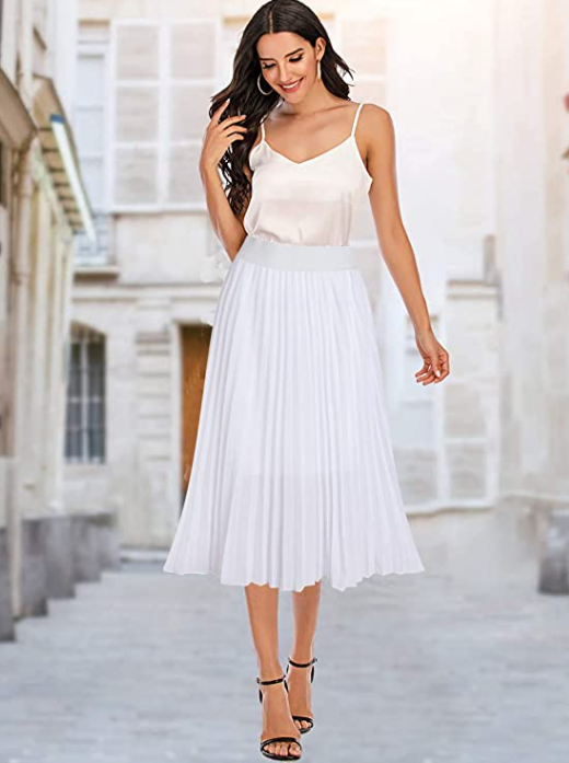 White Pleated A-Line Swing Elastic Midi Length Skirt