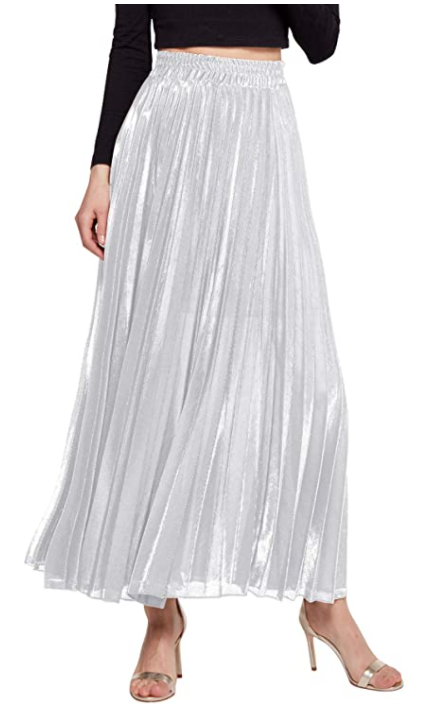 White and Silver Metallic Maxi Pleated Skirt