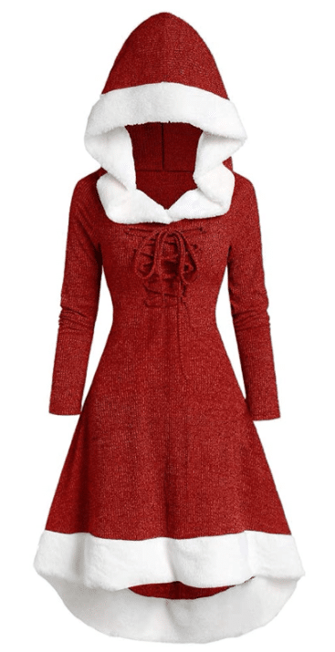 Women's Hooded Lace Up Faux Fur Christmas Red and White Dress
