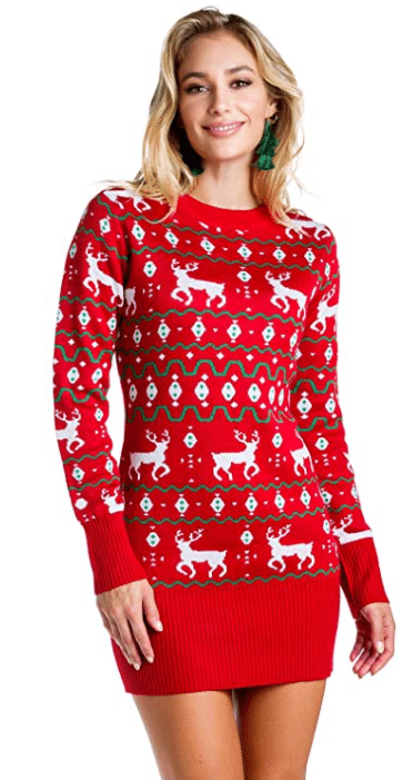 Women's Red Christmas Sweater Dress with Reindeer for Ugly Sweater Party