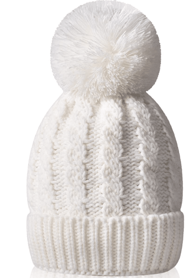 Women's White Winter Knit Beanie with Pom Pom