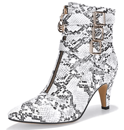 Black and White Buckle Strap Zipper Snakeskin Booties