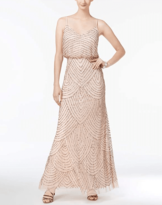 Blush, Gold, Pink Art Deco Bridesmaid Dress with Sequins by Adrianna Papell
