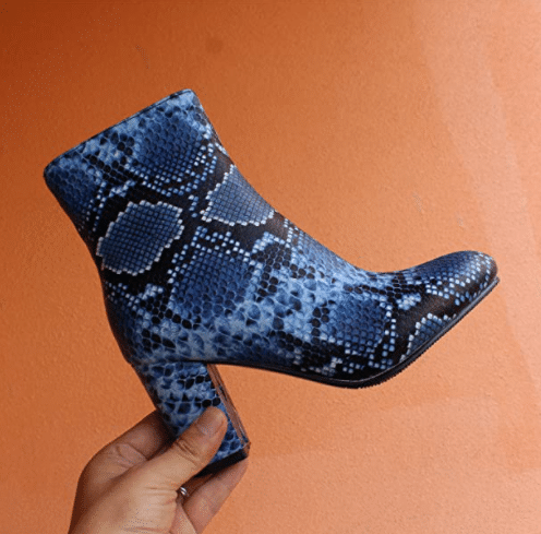 Bright Blue Snakeskin Booties with Block Heel and Zipper