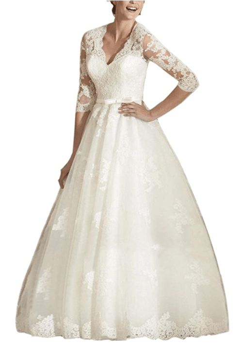 Kate Middleton Wedding Dress Replica with V Neck and Long Sleeves