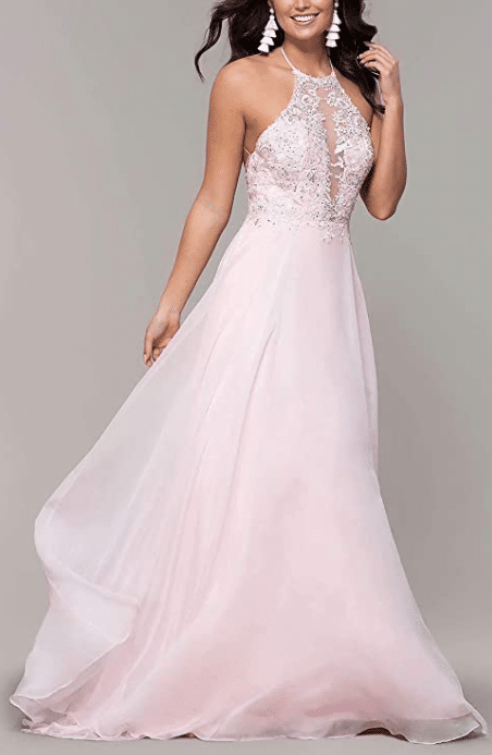 Light Pink Prom Dress with Beading and Halter Top U