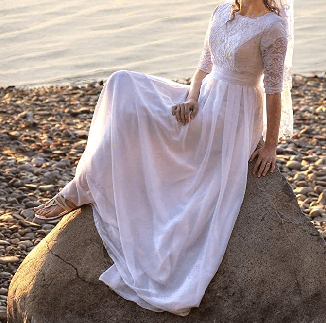 Modest Wedding Dress with Three Quarters Lace Sleeves