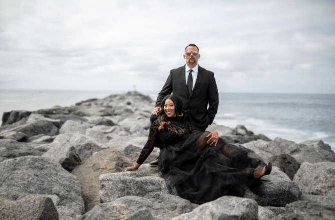 Outfit for Beach Engagement Photoshoot with Black and White Couple