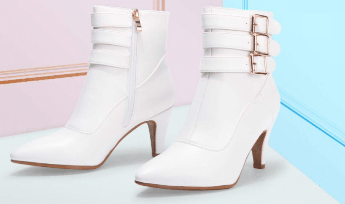 Sexy White Booties with Low Heel and Buckle Strap