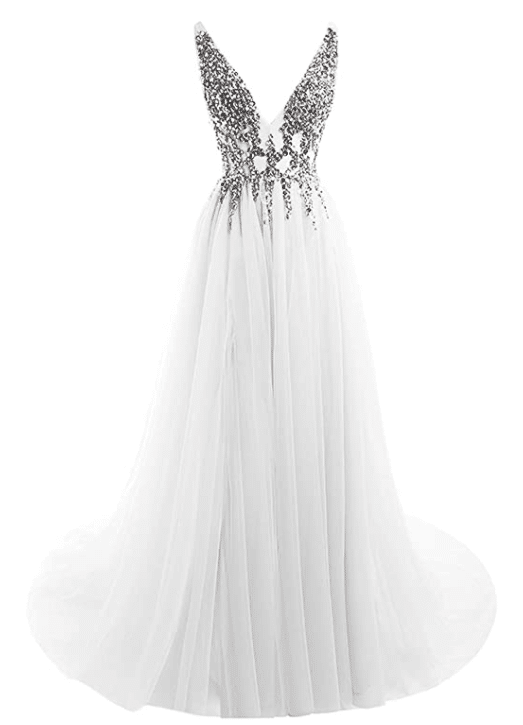 V Neck A Line Silver Sequin Art Deco Wedding Dress