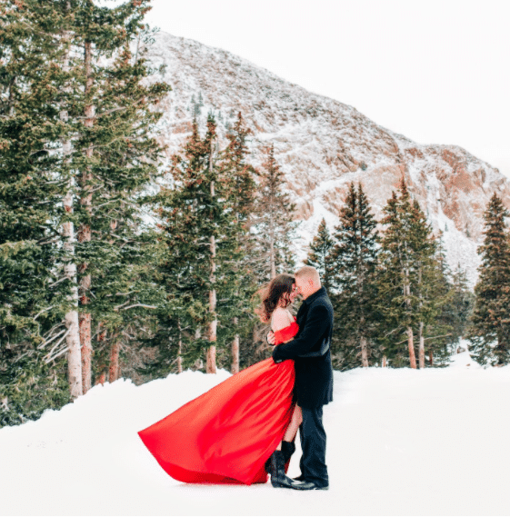 Winter Engagement Photoshoot with Red Dress