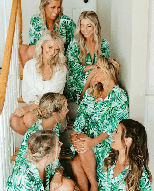 bridesmaids in tropical leaf bridesmaid robes
