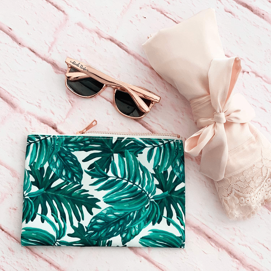 palm leaf makeup bags for cheap bridesmaid gift idea