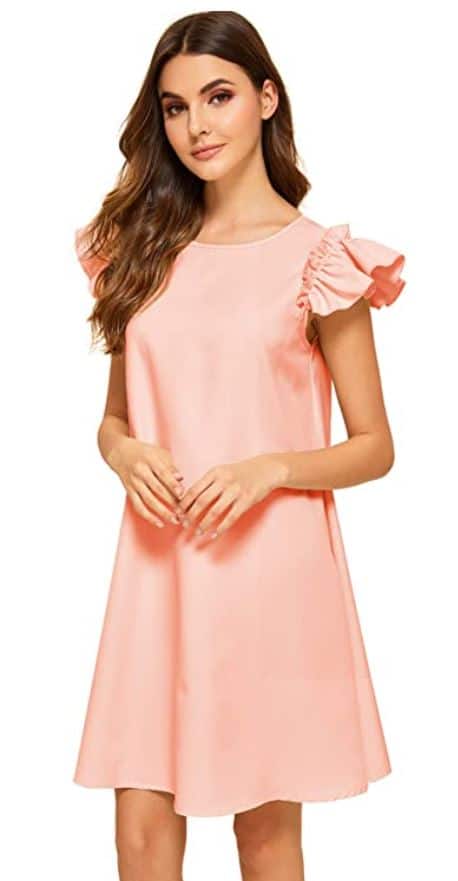 light pink spring wedding guest dress with ruffle sleeves by Romwe