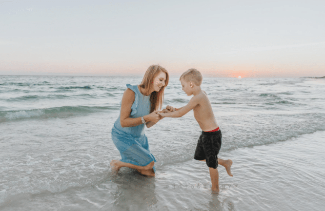 mother and son family photoshoot idea on the beach