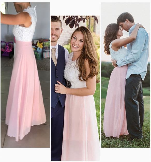 white lace top and pink chiffon maxi long spring wedding guest dress