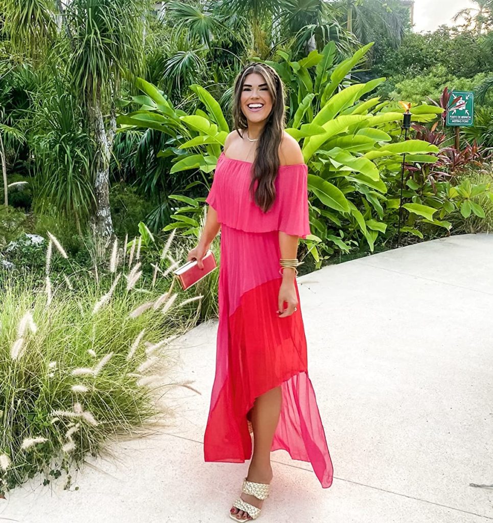 red and pink off the shoulder beach wedding guest dress for wedding in Mexico