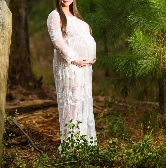 v-neck long sleeve floral lace maternity wedding dress