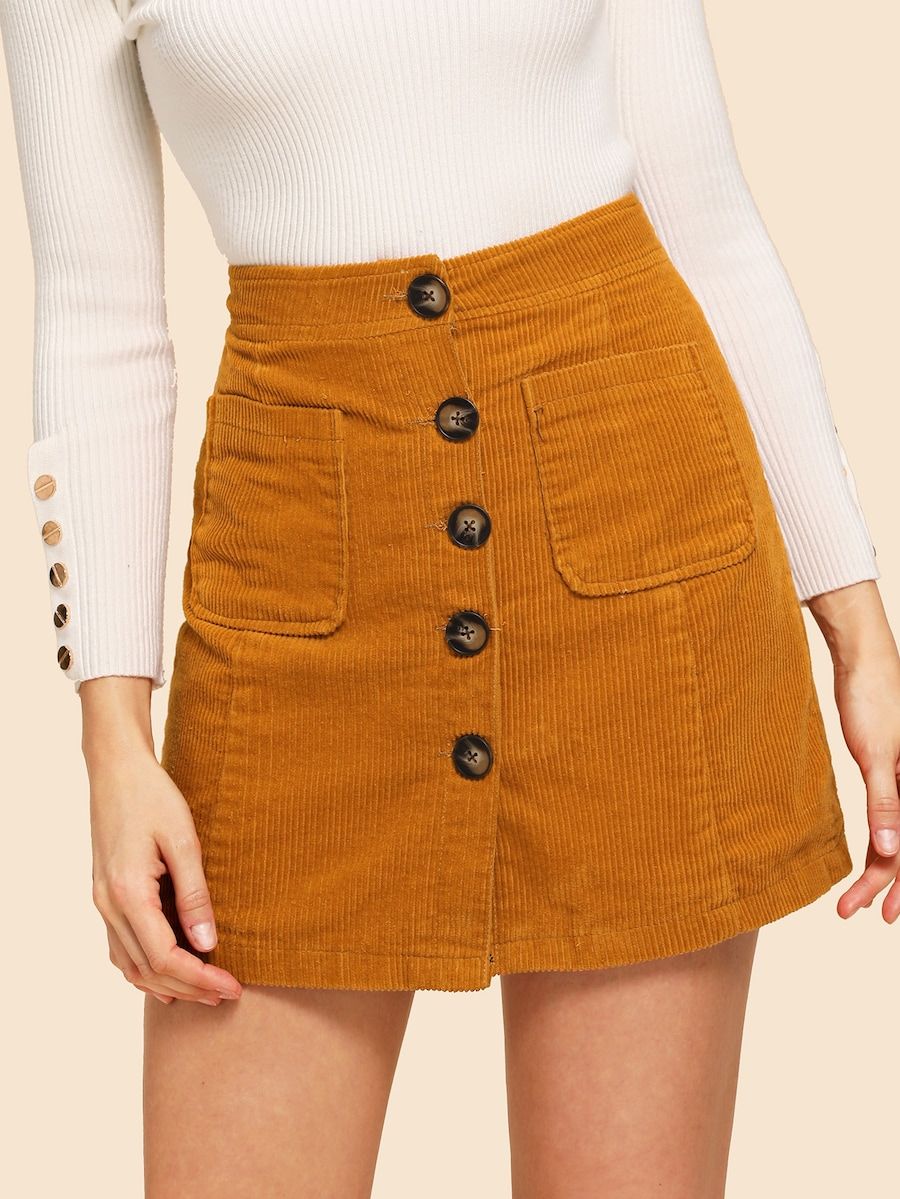 SheIn Women's Button Front High Waist Brown Corduroy A Line Short Mini Skirt with Pockets