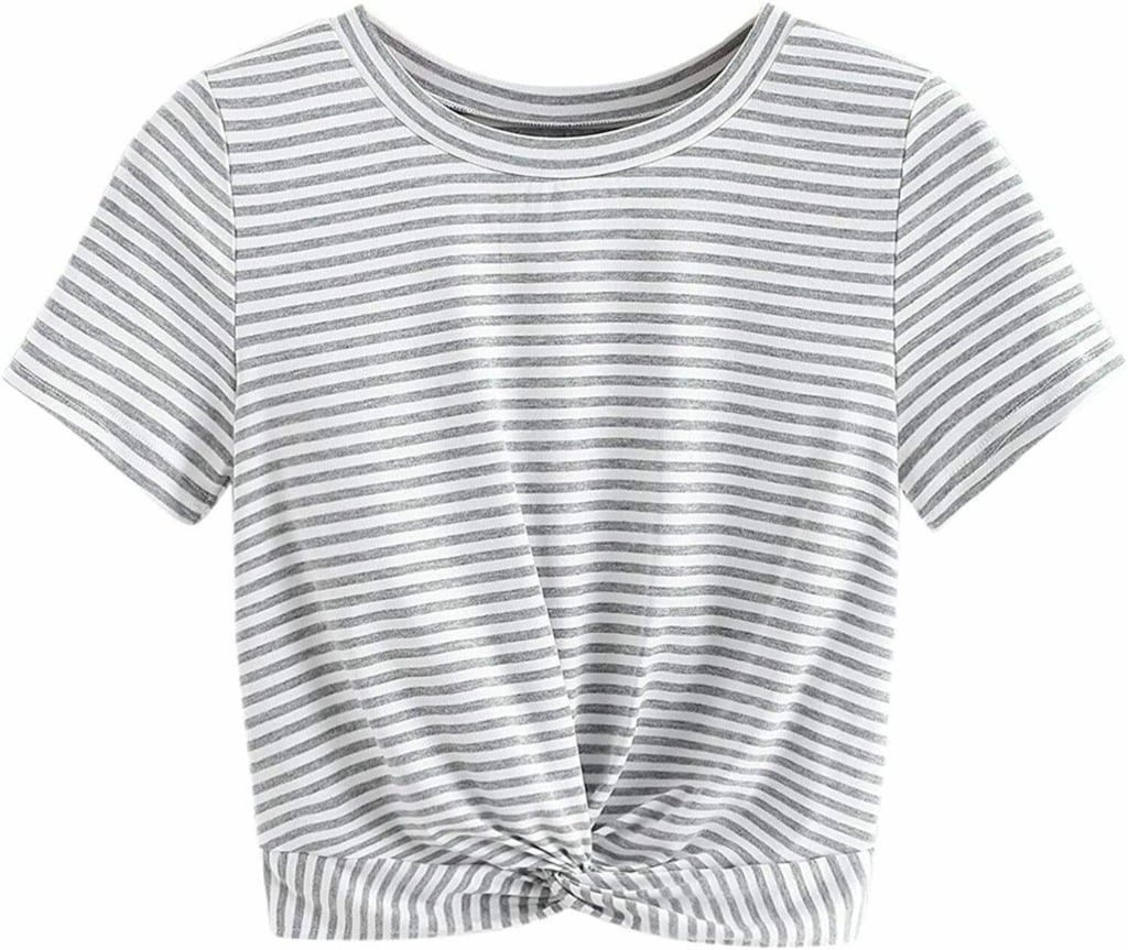 Crop Top Solid Short Sleeve Twist Front Tee T-Shirt with Gray and White Stripes