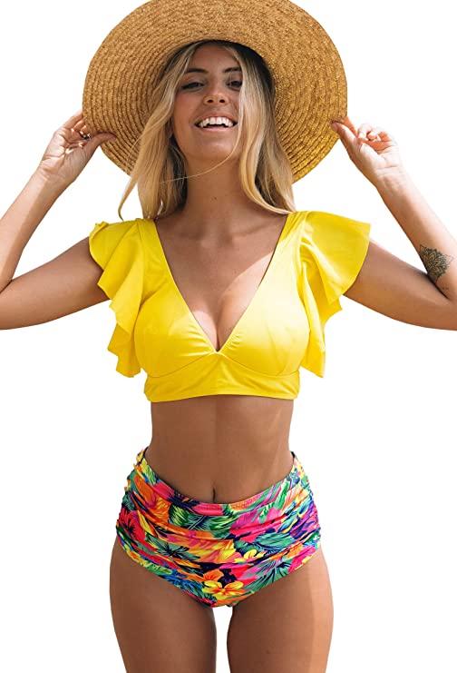 SPORLIKE Women Ruffle High Waist Swimsuit Two Pieces Push Up Tropical Print Bikini