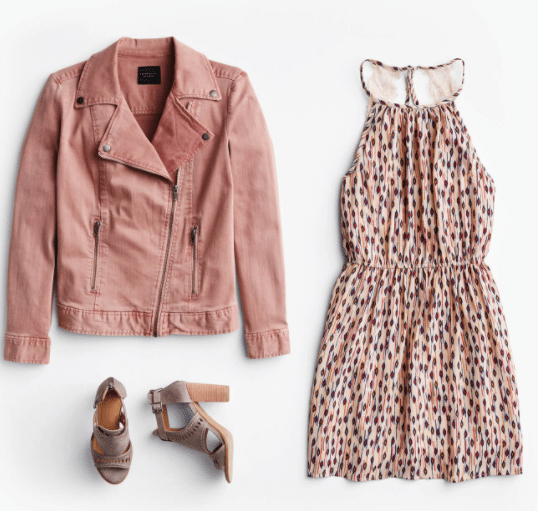 Stitch Fix Spring Outfit with Light Pink Polka Dot Halter Dress, Pink Leather Jacket, and Tan Heels