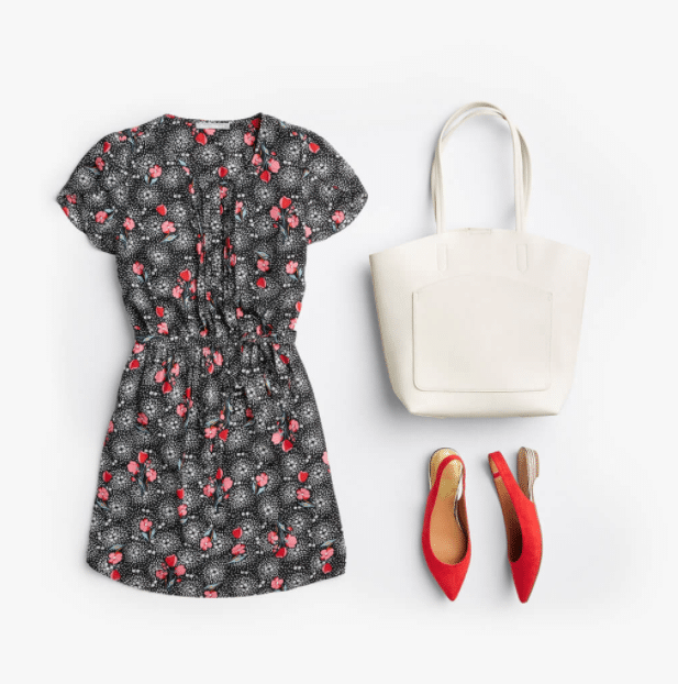 Stitch Fix Spring, Summer, or Fall 2021 business casual work outfit with black and pink dress, white purse, and low suede flats