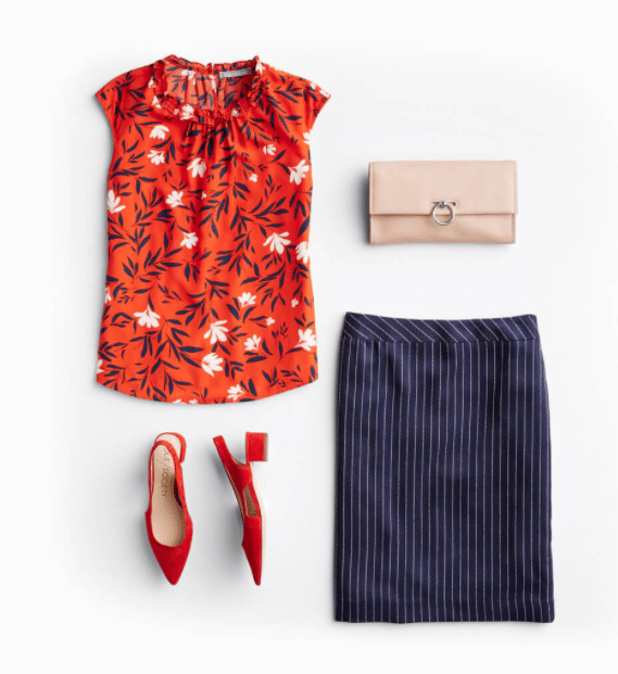 Stitch Fix fall, spring, and summer 2021 professional work outfit with red floral print blouse and navy dark blue pencil skirt
