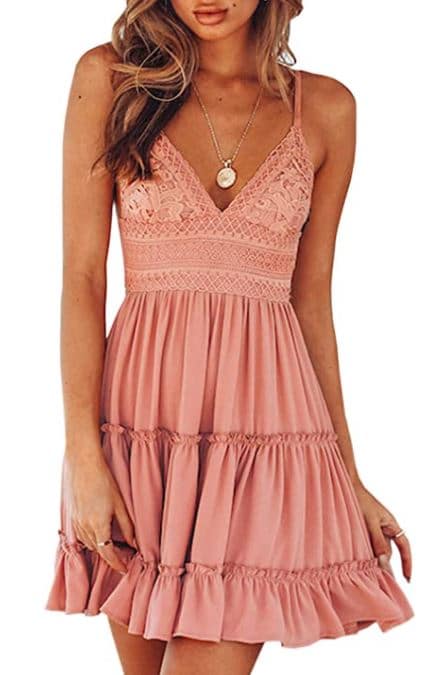 Light Pink A-Line V-Neck Ruffle Mini Swing Skater Dress