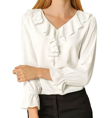 white ruffly top and white v-neck blouse with ruffles
