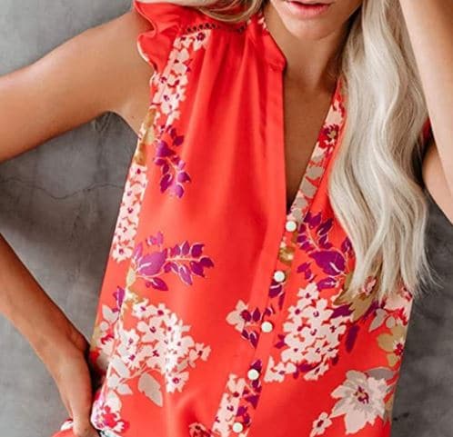 red floral print blouse with cap sleeves
