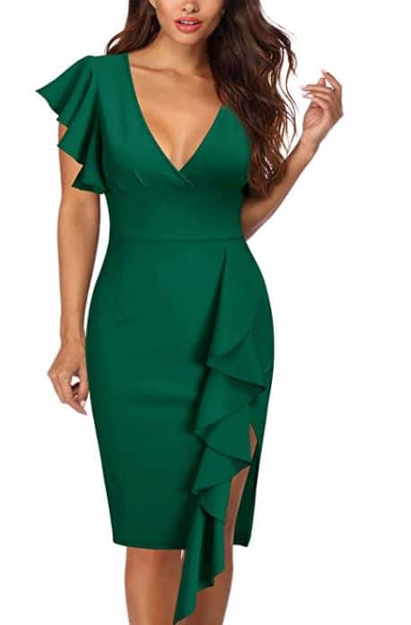 green v-neck sexy winter wedding guest dress with ruffles and side slit on Amazon
