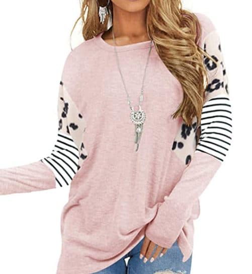 Light Pink and Gray Leopard Print and Striped Long Sleeve Shirt for Women
