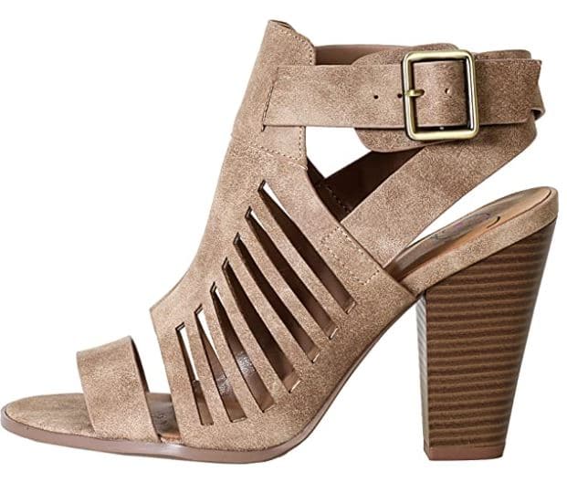 Open Toe Tan Beige Sandals and Heels with Ankle Strap and Chunky Wood Heel