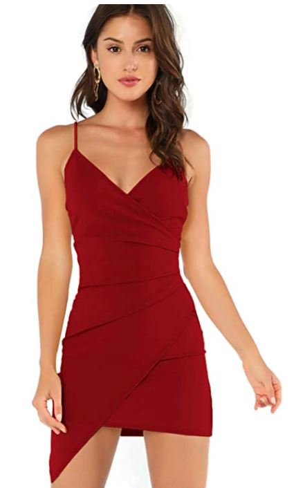 Verdusa Women's Sexy Ruched Side Asymmetrical V Neck Bodycon Cami Dress for Valetine's Day