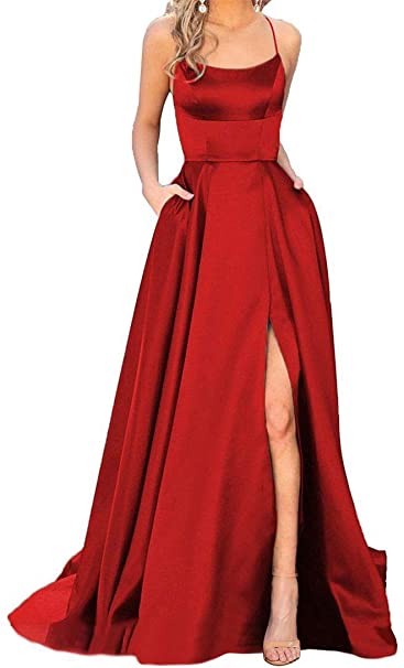 red satin maxi dress with slits and pockets by JASY