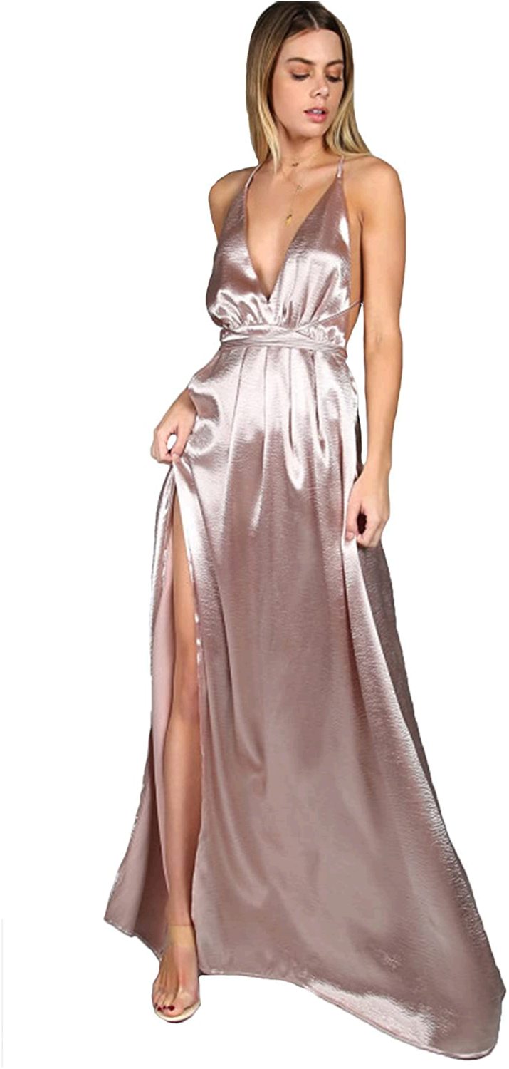 sexy light pink and champagne satin dress with high slit